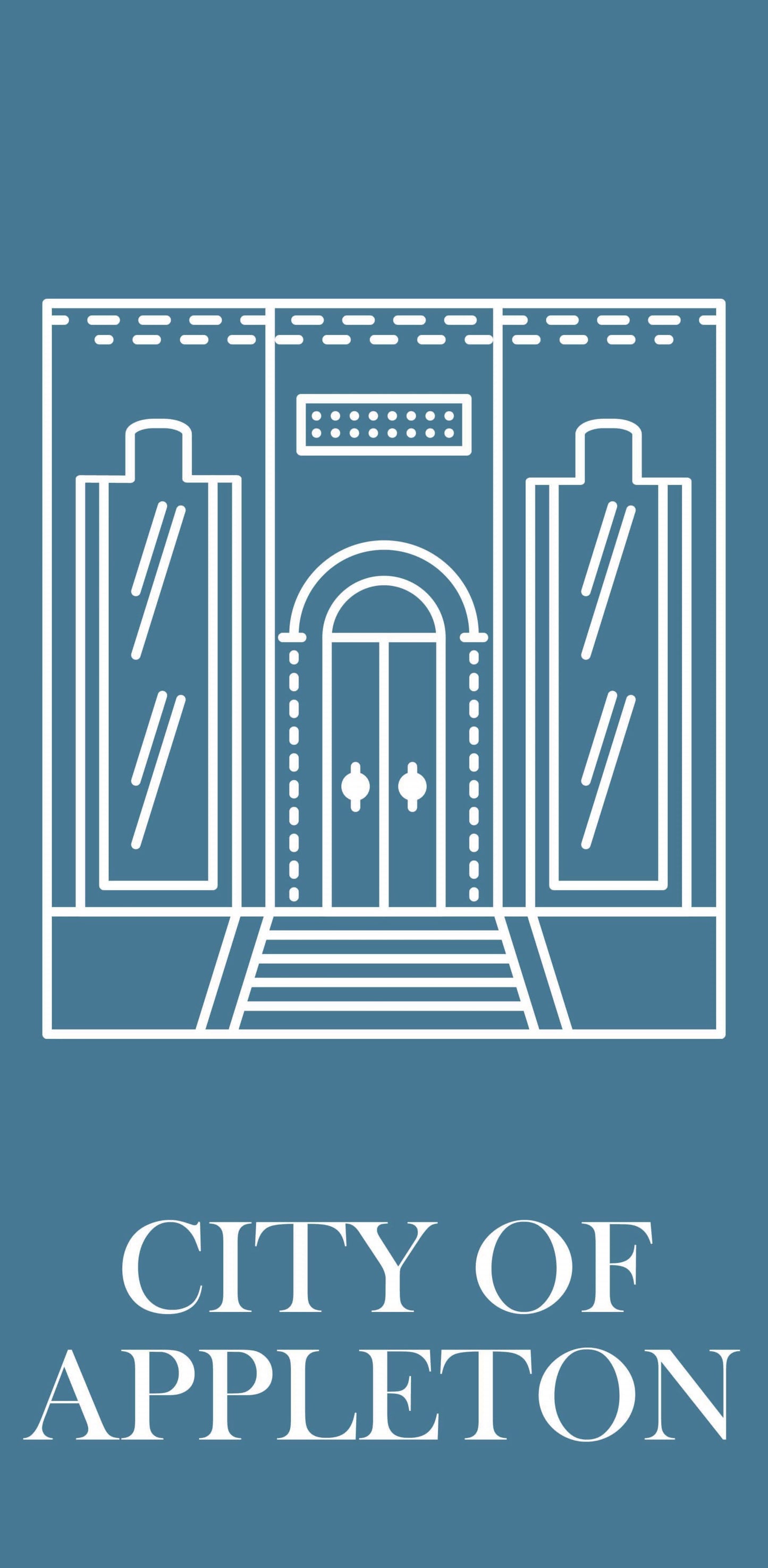 Image of a blue and white banner with the text "City of Appleton" in white lettering. The banner also features a white illustrated building.