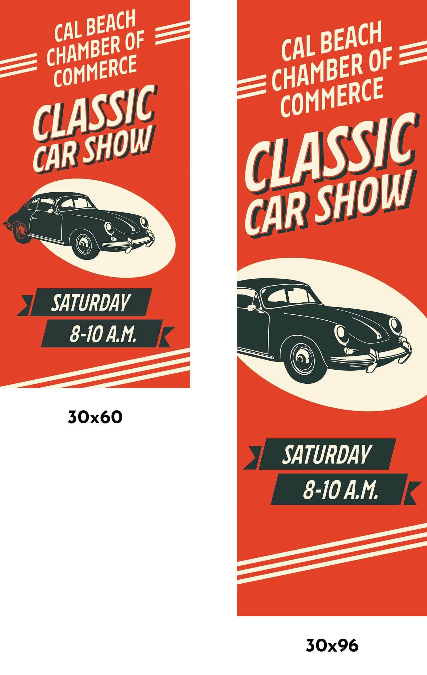 A classic car show poster for the Cal Beach Chamber of Commerce. The poster features an orange background with a vintage car and text that reads "Cal Beach Chamber of Commerce Classic Car Show, Saturday 8-10 AM".
