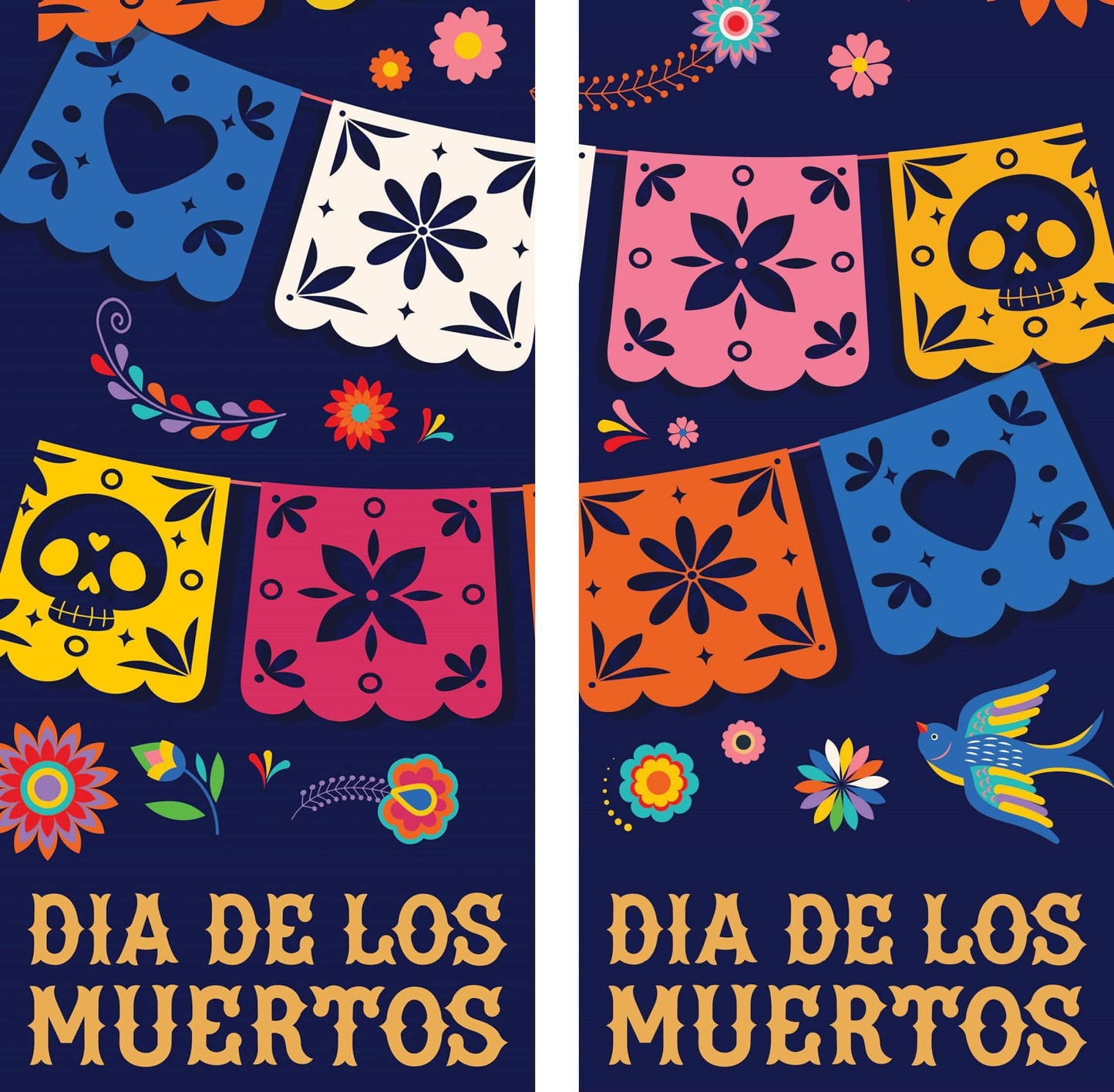 A double vertical banner for the Mexican holiday Dia de los Muertos, decorated with vibrantly colored marigold flowers and two ornately decorated sugar skulls. The banner reads "Dia de los Muertos" in yellow lettering.