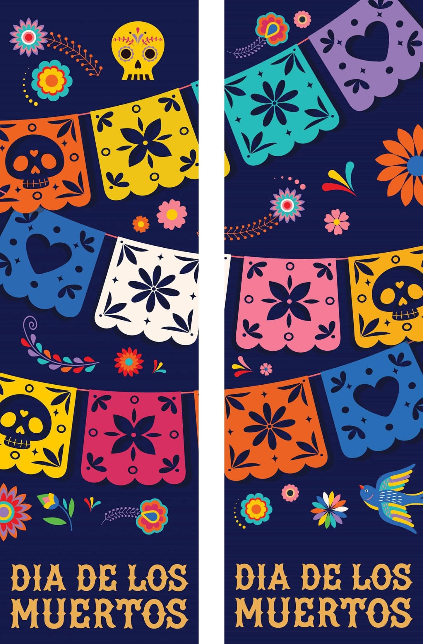 A double vertical banner for the Mexican holiday Dia de los Muertos, decorated with vibrantly colored marigold flowers and two ornately decorated sugar skulls. The banner reads "Dia de los Muertos" in yellow lettering.