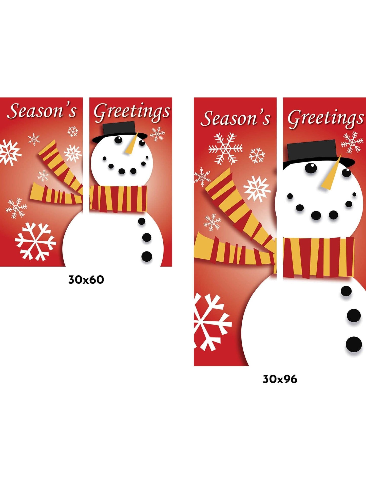 A snowman wearing a scarf on a red background with the text "Season's Greetings".