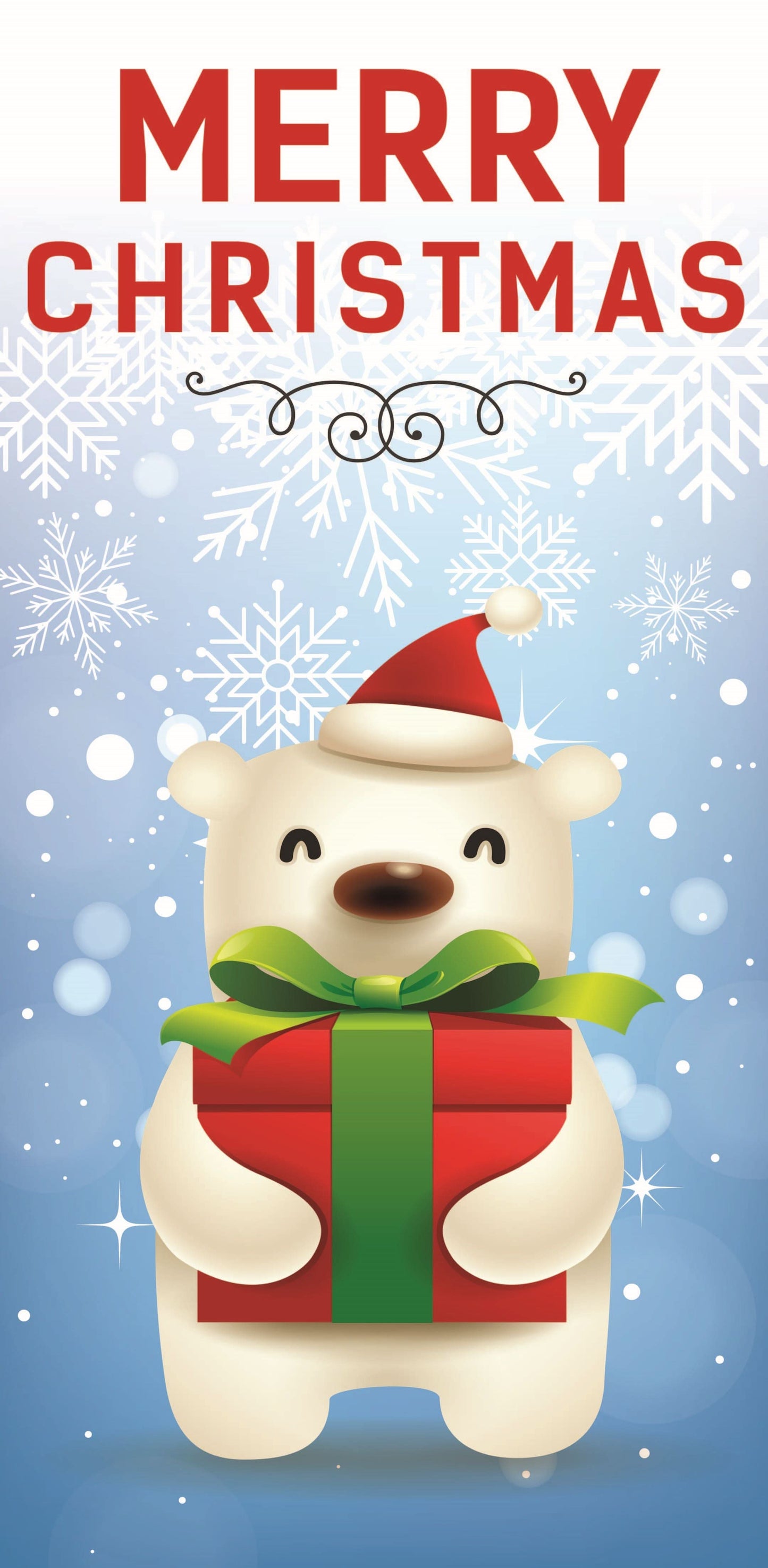 A banner featuring a polar bear wearing a Santa hat and holding a red gift box. The banner has the text "Merry Christmas" displayed on the top.