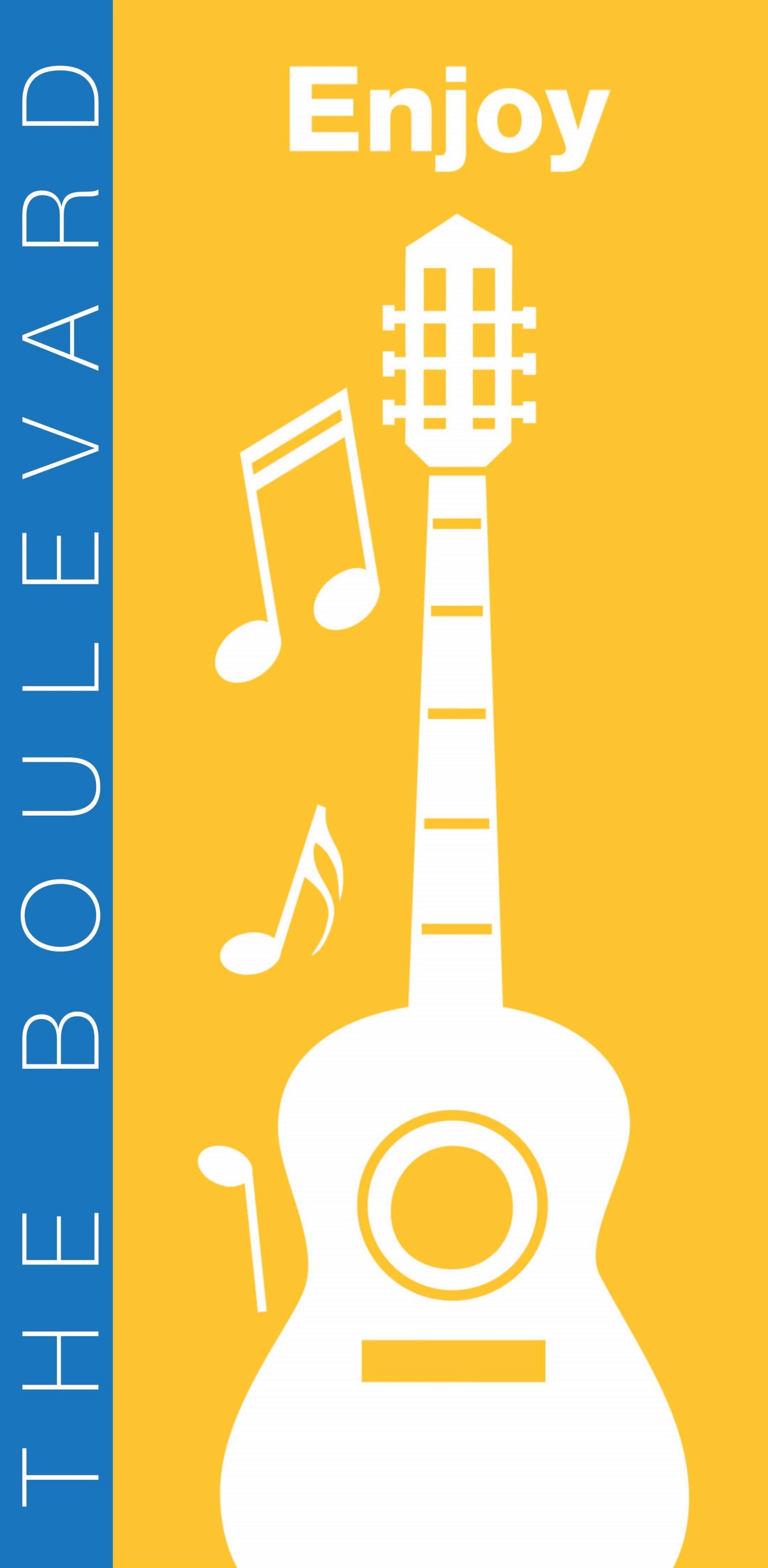 A yellow and blue banner promoting a music event, with a white guitar and musical notes symbolizing the exciting sounds to come