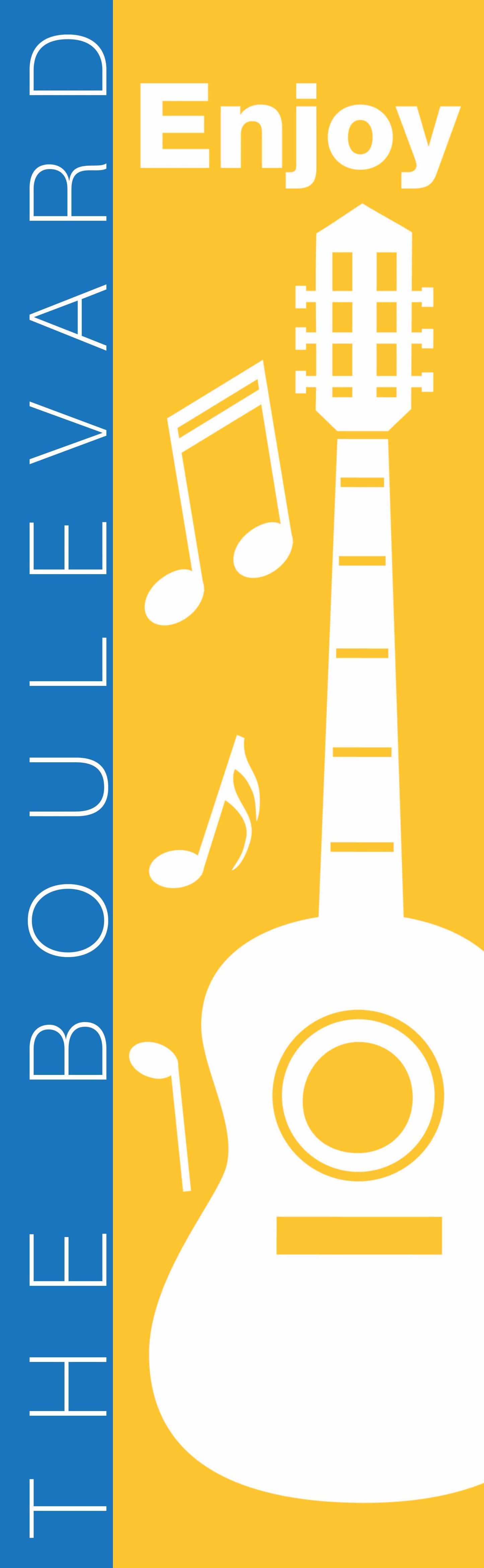 A yellow and blue banner promoting a music event, with a white guitar and musical notes symbolizing the exciting sounds to come
