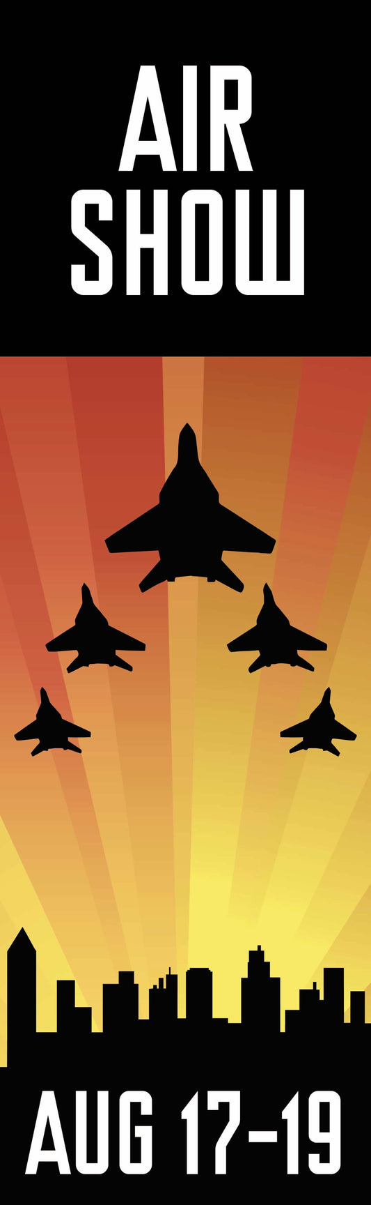 A group of fighter jets flying in formation over a city skyline at sunset. The text "AIR SHOW AUG 17-19" is visible on the bottom of the image.