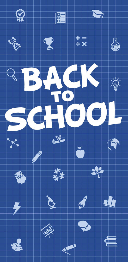 A back to school banner with the words "BACK TO SCHOOL" written in white letters on a blue background. The banner also includes several school icons, such as a pencil, globe, backpack, apple, and calculator.