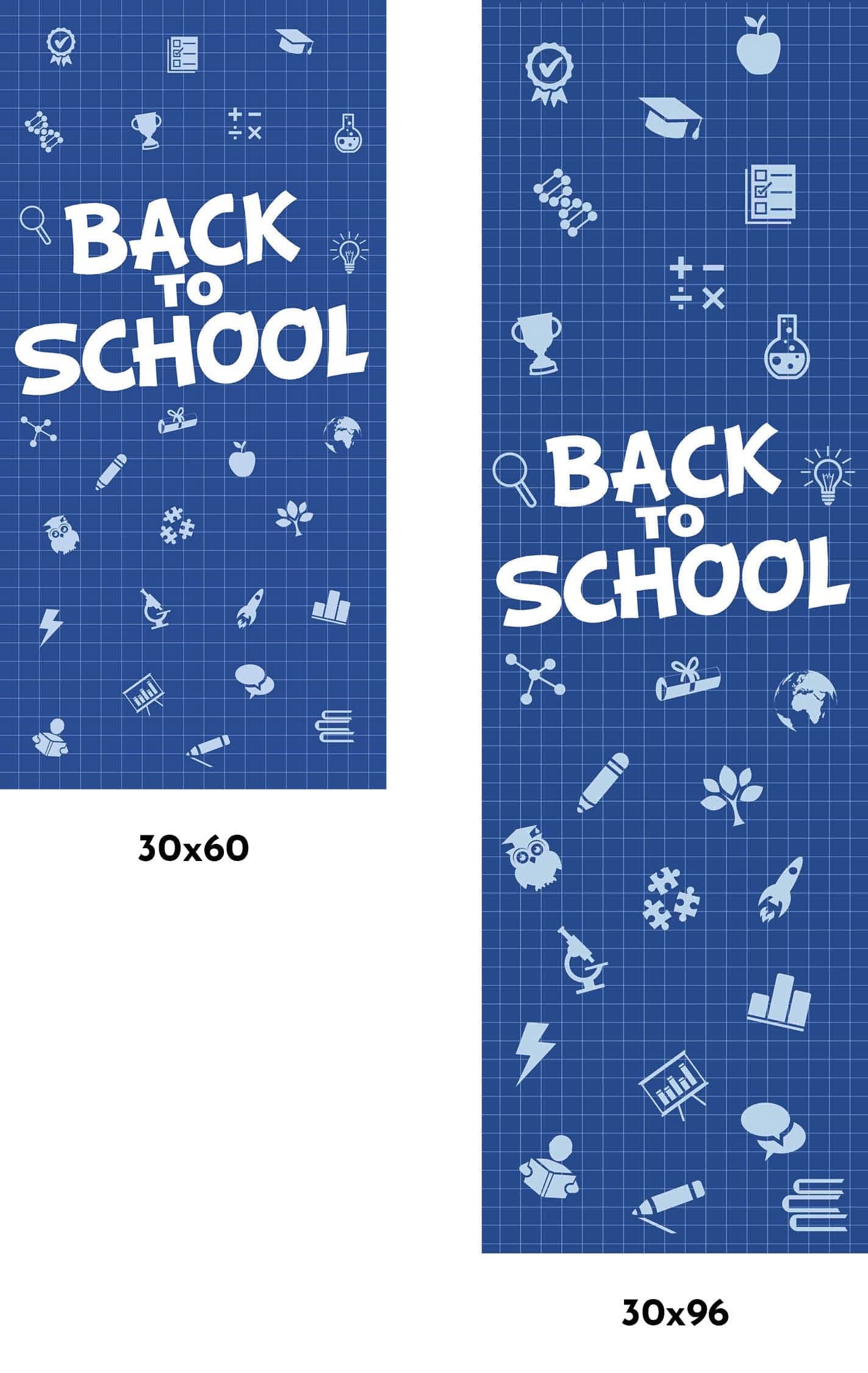 A back to school banner with the words "BACK TO SCHOOL" written in white letters on a blue background. The banner also includes several school icons, such as a pencil, globe, backpack, apple, and calculator.
