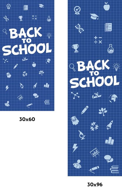 A back to school banner with the words "BACK TO SCHOOL" written in white letters on a blue background. The banner also includes several school icons, such as a pencil, globe, backpack, apple, and calculator.