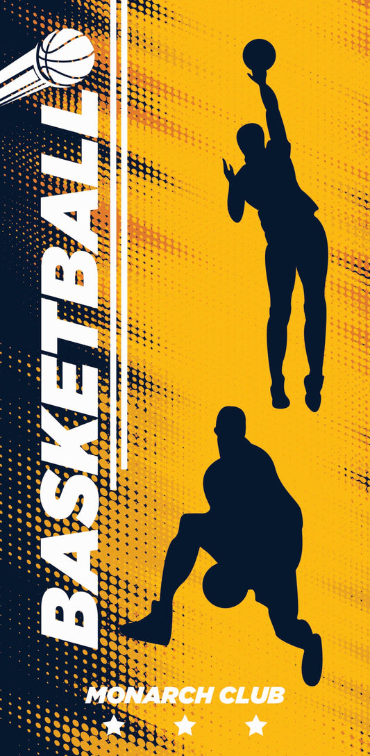 Text in all caps that reads "BASKETBALL MONARCH CLUB" on a yellow background with cutouts of basketball players.