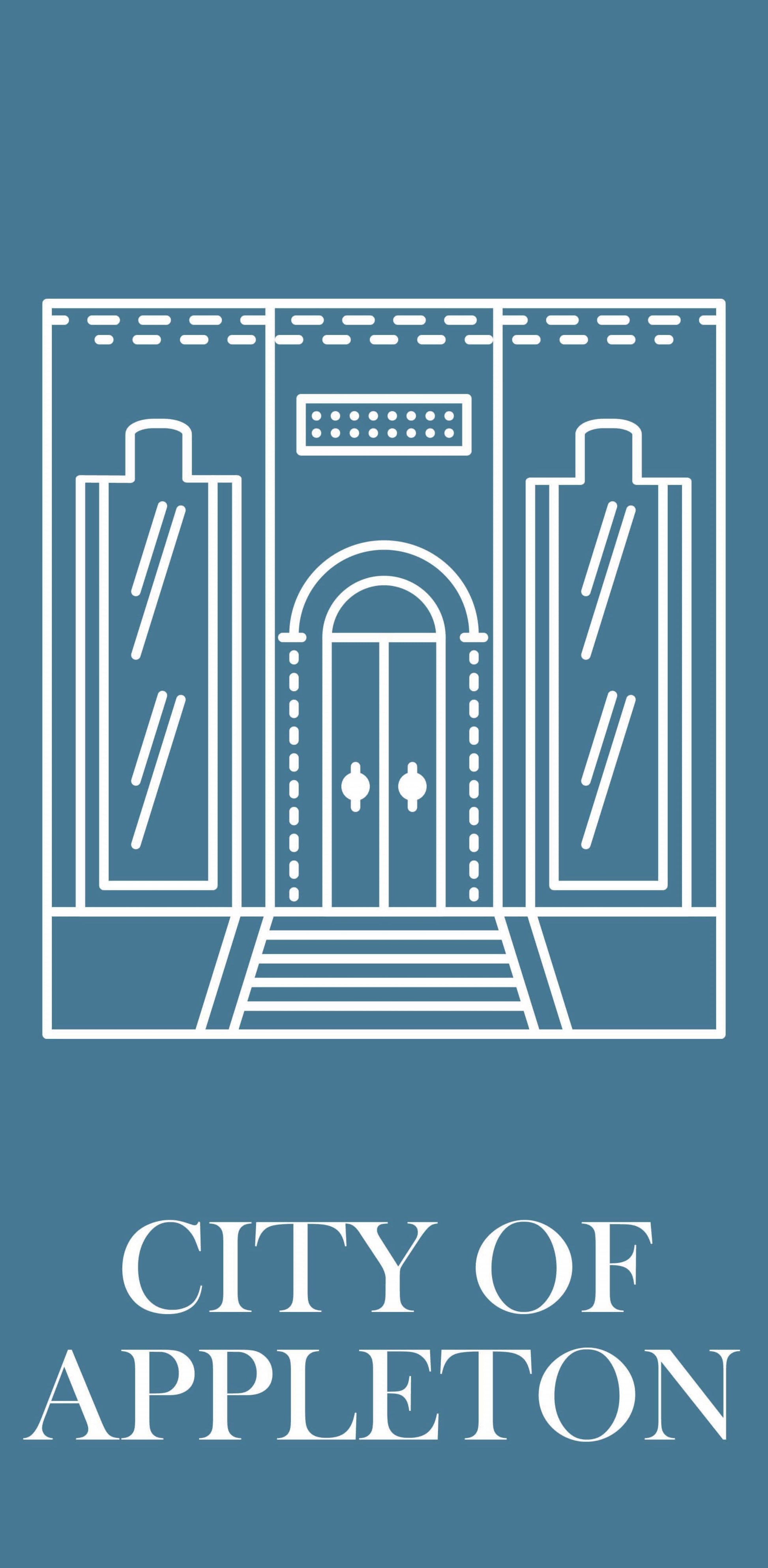 Image of a blue and white banner with the text "City of Appleton" in white lettering. The banner also features a white illustrated building.