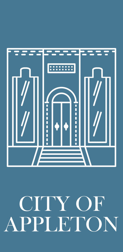 Image of a blue and white banner with the text "City of Appleton" in white lettering. The banner also features a white illustrated building.