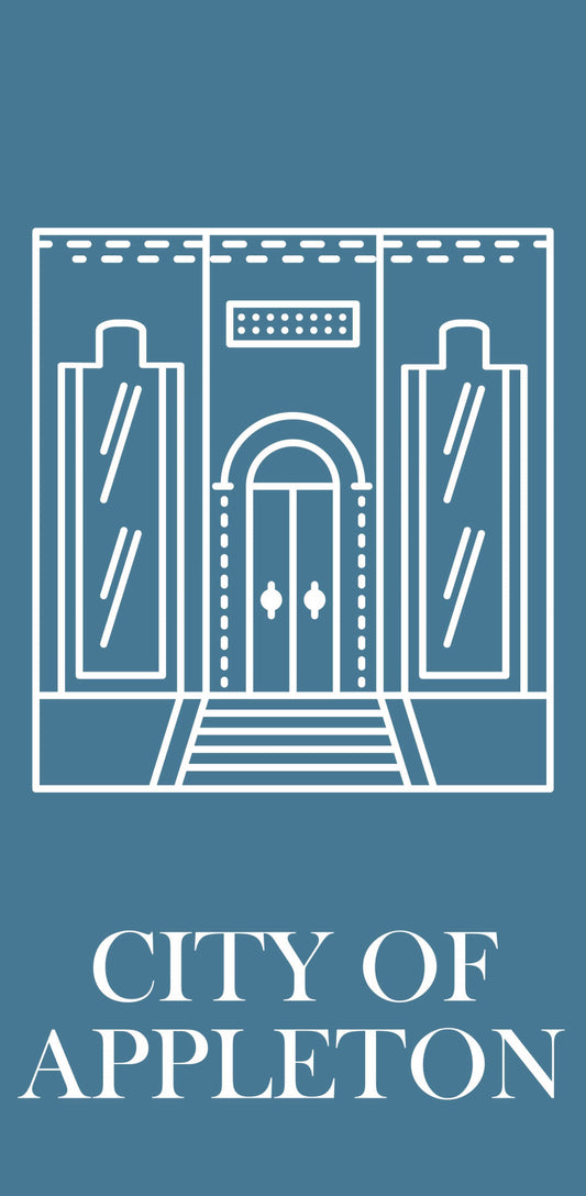 Image of a blue and white banner with the text "City of Appleton" in white lettering. The banner also features a white illustrated building.