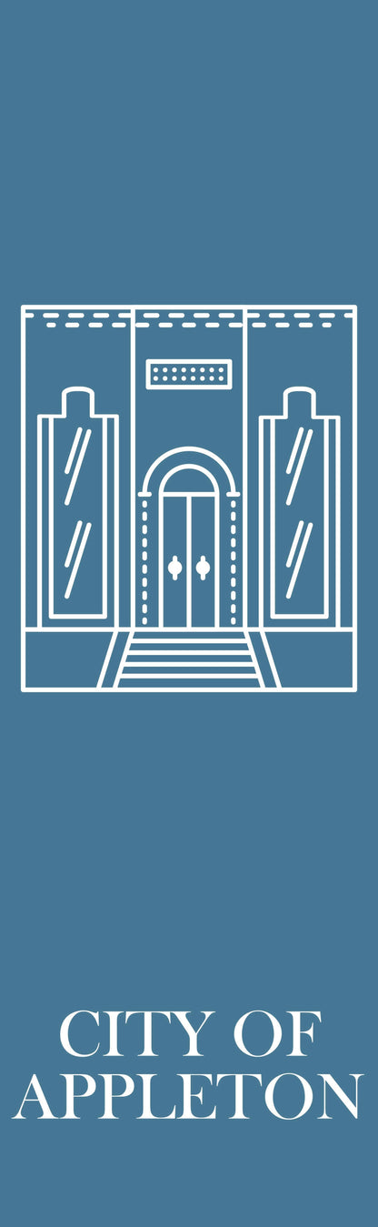 Image of a blue and white banner with the text "City of Appleton" in white lettering. The banner also features a white illustrated building.