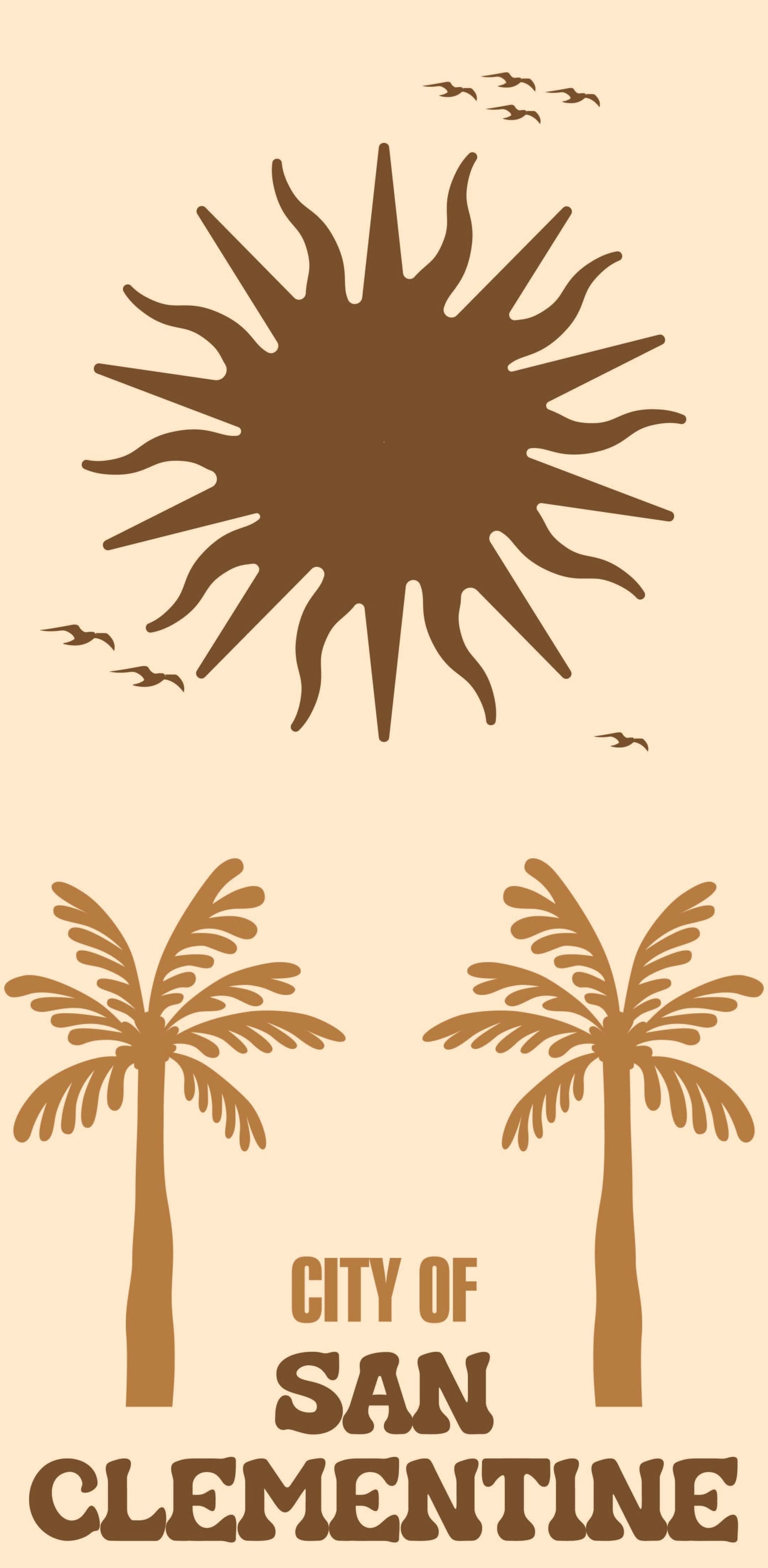 A photo of a city with palm trees and a sun, with the text "CITY OF SAN CLEMENTINE" below it.
