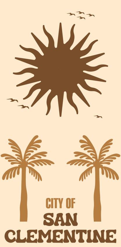 A photo of a city with palm trees and a sun, with the text "CITY OF SAN CLEMENTINE" below it.