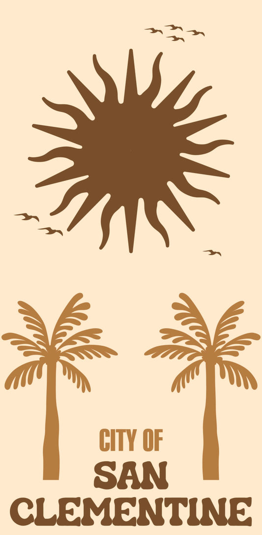 A photo of a city with palm trees and a sun, with the text "CITY OF SAN CLEMENTINE" below it.