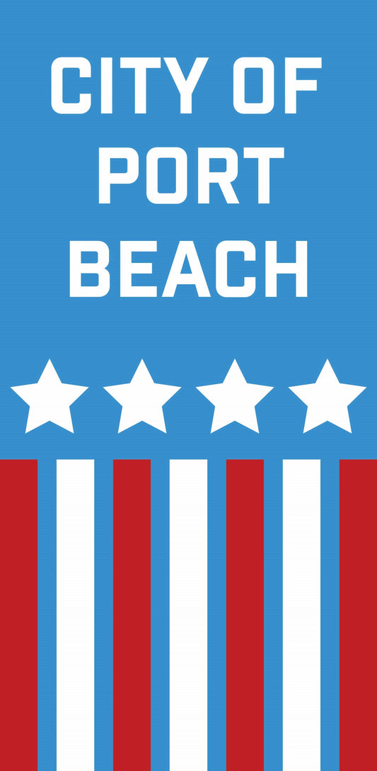 Red, white, and blue patriotic banner for the City of Port Beach. The design also includes 4 white stars sitting across horizontally with 7 alternating red and white vertical stripes below it.