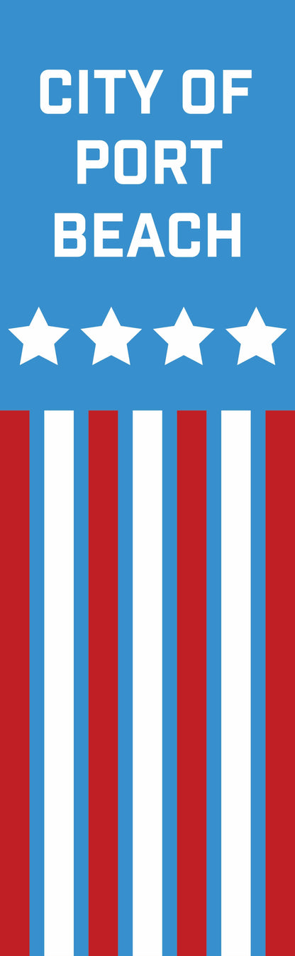 Red, white, and blue patriotic banner for the City of Port Beach. The design also includes 4 white stars sitting across horizontally with 7 alternating red and white vertical stripes below it.