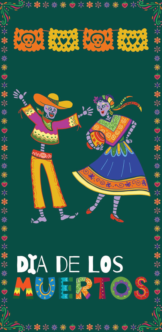 A festive scene from Día de Los Muertos, with skeletons wearing face paint and costumes, and enjoying food and music.