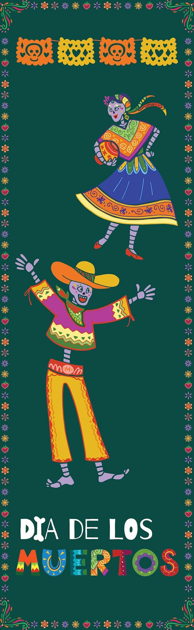 A festive scene from Día de Los Muertos, with skeletons wearing face paint and costumes, and enjoying food and music.