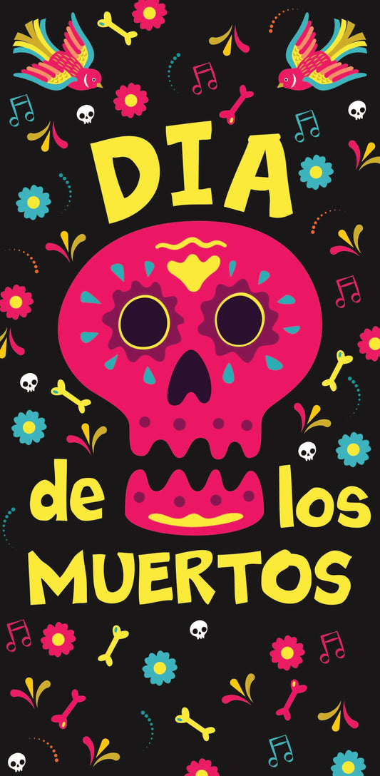 A digital artwork depicting a skeletal figure wearing a pink sugar skull mask, in front of a colorful backdrop with flowers and candles. The text "Dia de los Muertos" is written around the figure in yellow text.