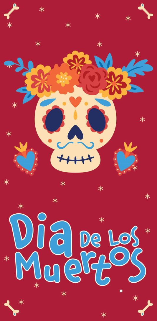 A vibrant pink banner with traditional Mexican symbols and decorations for Dia de los Muertos.