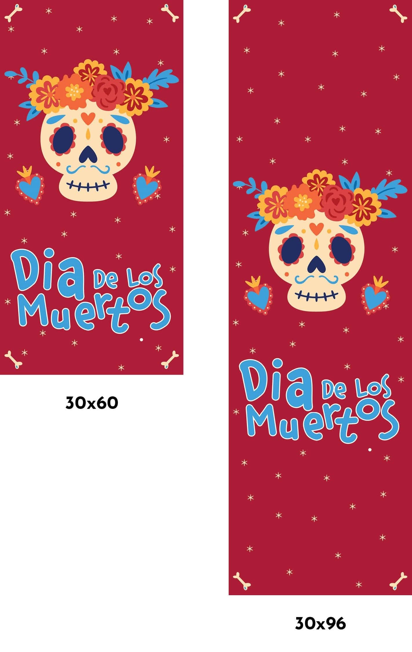 A vibrant pink banner with traditional Mexican symbols and decorations for Dia de los Muertos.