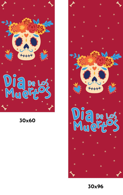 A vibrant pink banner with traditional Mexican symbols and decorations for Dia de los Muertos.