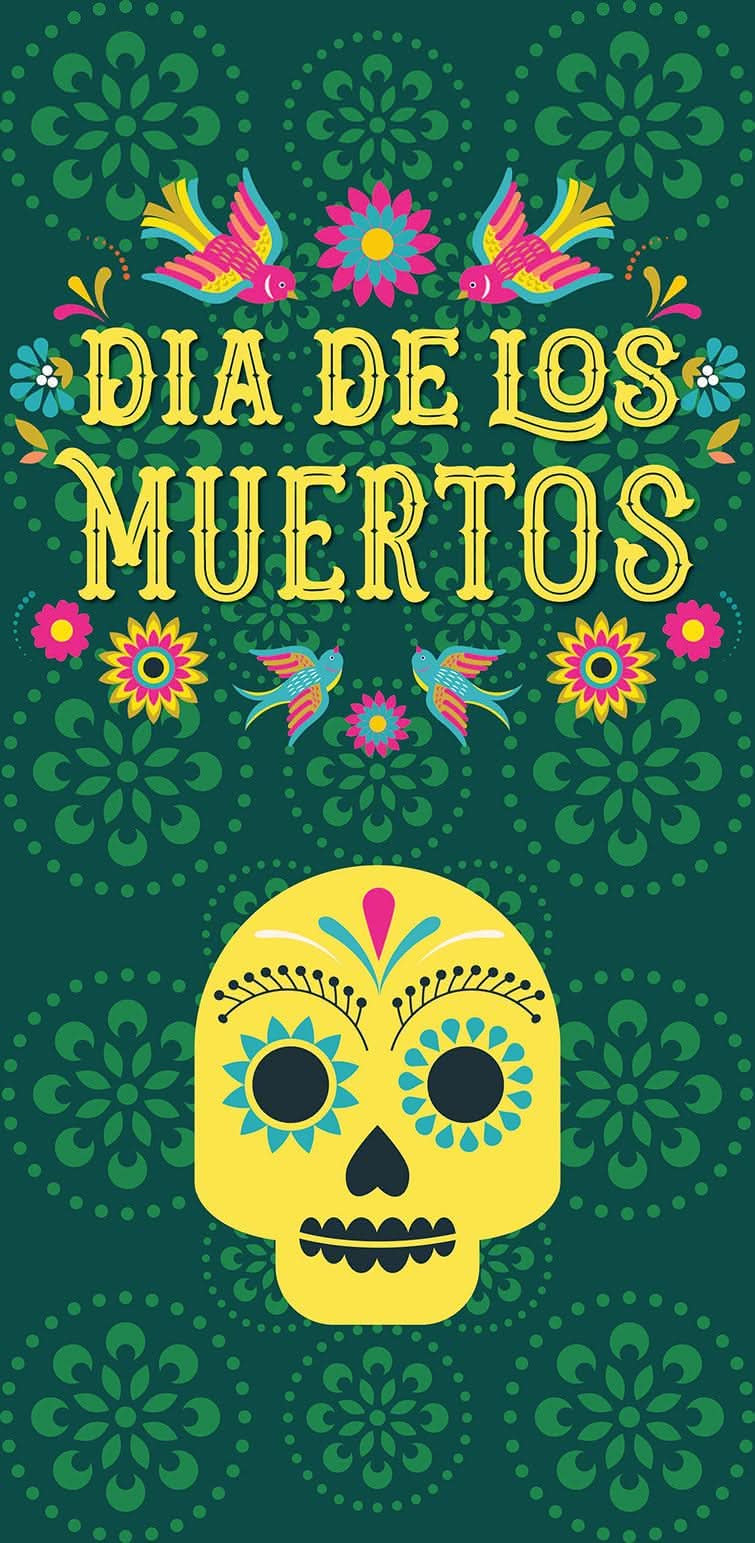 A traditional green banner for Dia de los Muertos, featuring a skull and other decorative elements.
