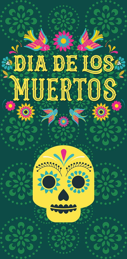 A traditional green banner for Dia de los Muertos, featuring a skull and other decorative elements.