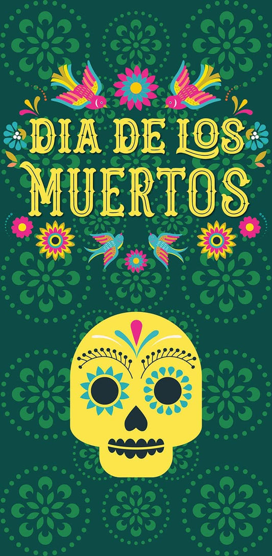 A traditional green banner for Dia de los Muertos, featuring a skull and other decorative elements.