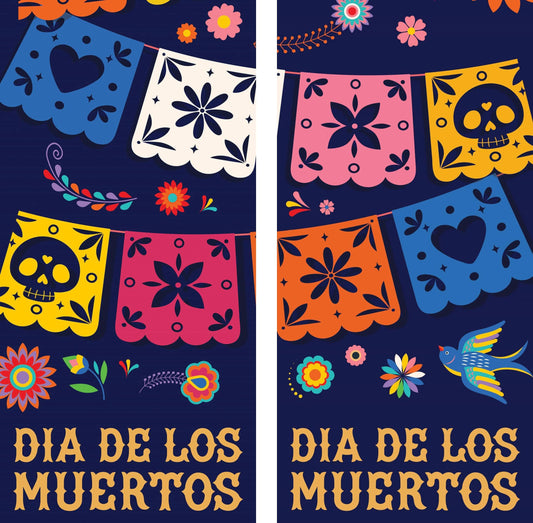 A double vertical banner for the Mexican holiday Dia de los Muertos, decorated with vibrantly colored marigold flowers and two ornately decorated sugar skulls. The banner reads "Dia de los Muertos" in yellow lettering.