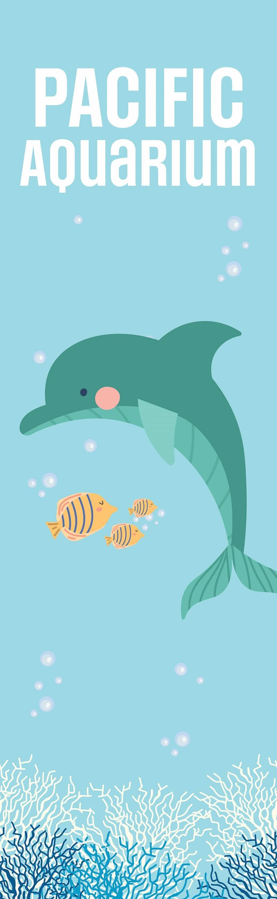 A 30x96 vertical banner that is set in the ocean with illustration qualities. Included in the image is a light blue background with bubbles around a dolphin and yellow striped fish. Also seen at the bottom of the image is blue and white coral.