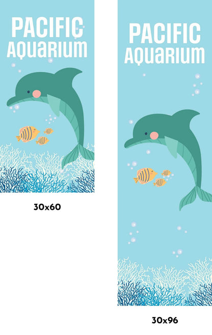 A vertical banner that is set in the ocean with illustration qualities. Included in the image is a light blue background with bubbles around a dolphin and yellow striped fish. Also seen at the bottom of the image is blue and white coral.