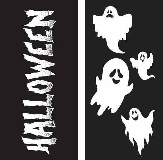A 30x60 black double banner that includes the word "Halloween" on the left side and 4 white ghosts on the right hand side.