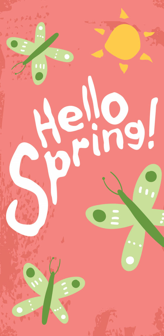 Hello Spring - Green Butterflies - Pink Background Single Vinyl Banner