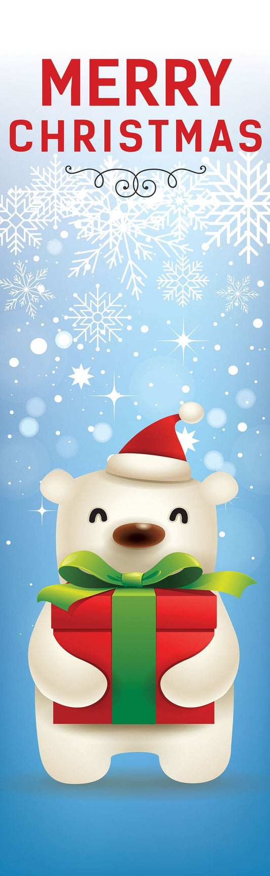 A banner featuring a polar bear wearing a Santa hat and holding a red gift box. The banner has the text "Merry Christmas" displayed on the top.