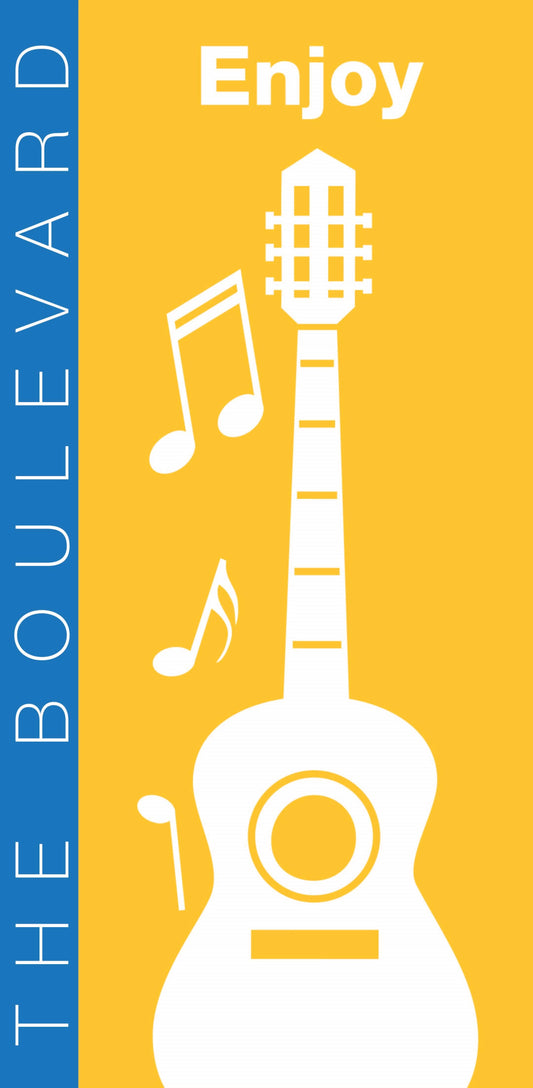 A yellow and blue banner promoting a music event, with a white guitar and musical notes symbolizing the exciting sounds to come